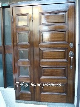 木製玄関ドア塗装、ヤマハ製、豊島区、仕上げ
